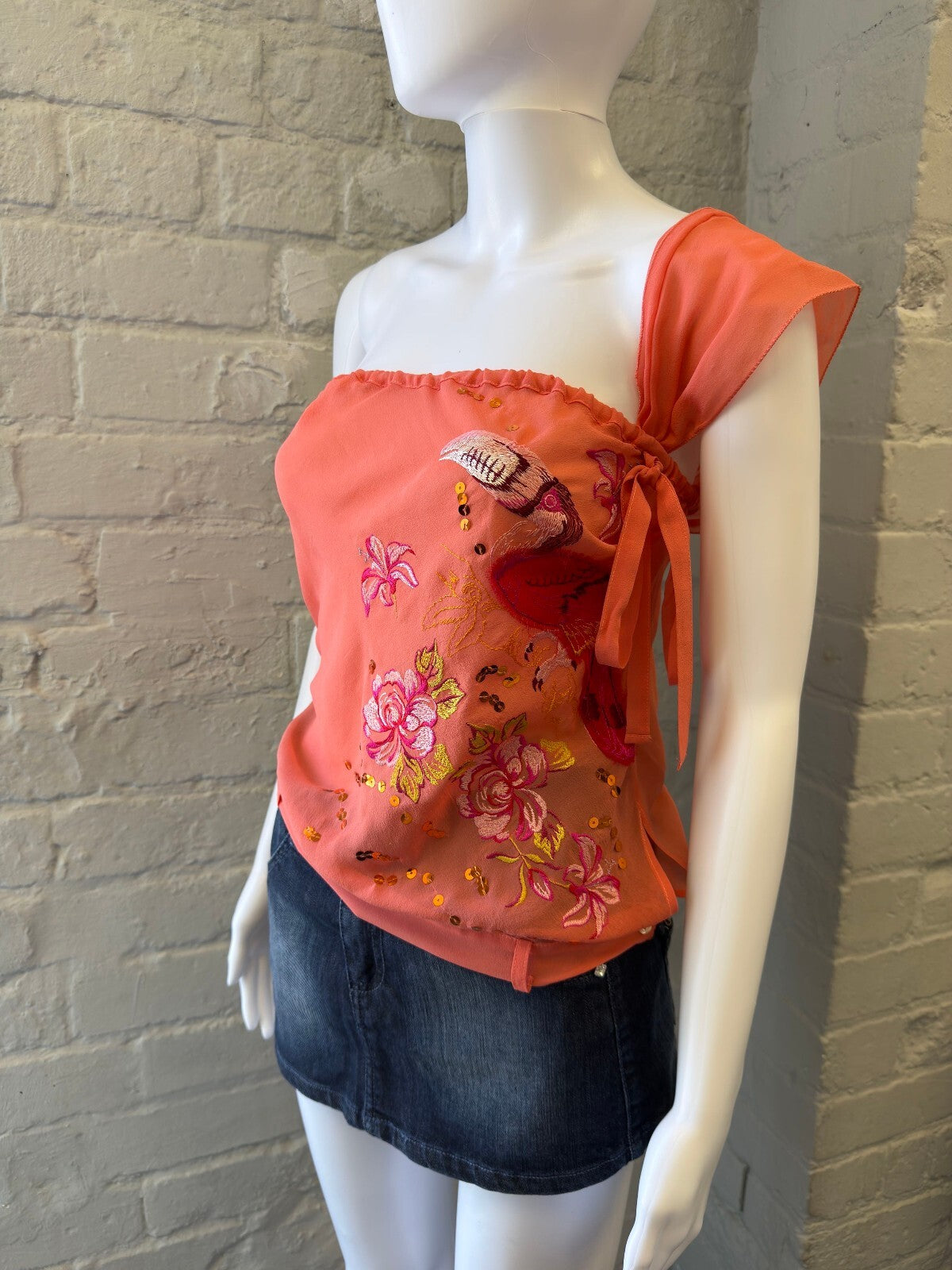 Coral One-Shoulder Embroidered Top with Sequin Detail