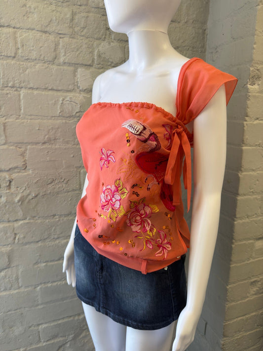Coral One-Shoulder Embroidered Top with Sequin Detail