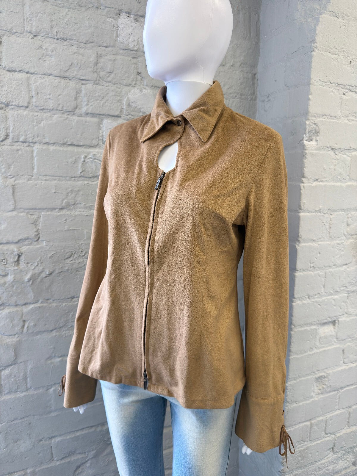 Tan Faux Suede Zip-Up Jacket with Keyhole Detail