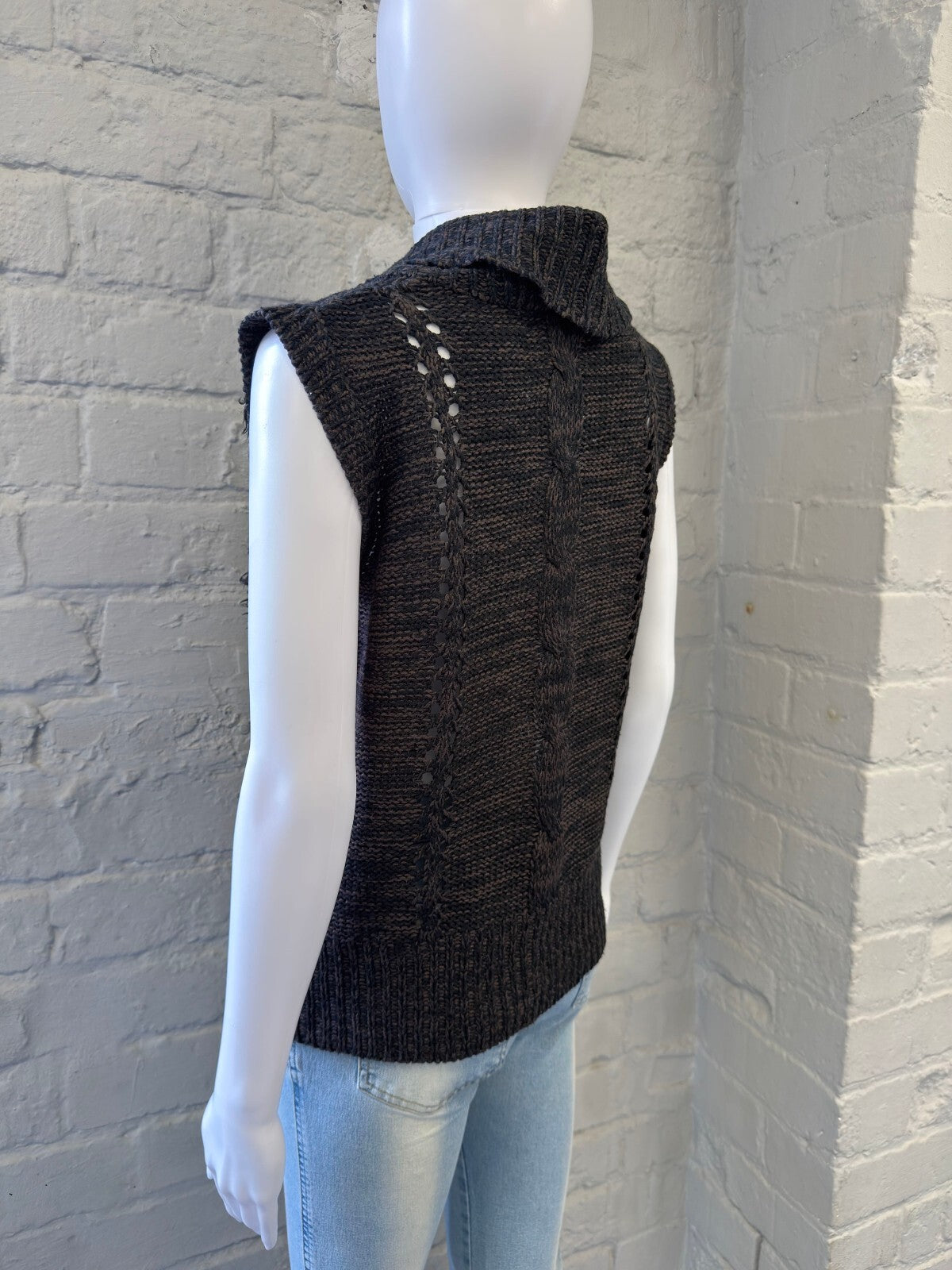 Black and Grey Textured Knit Gilet with Tie Front
