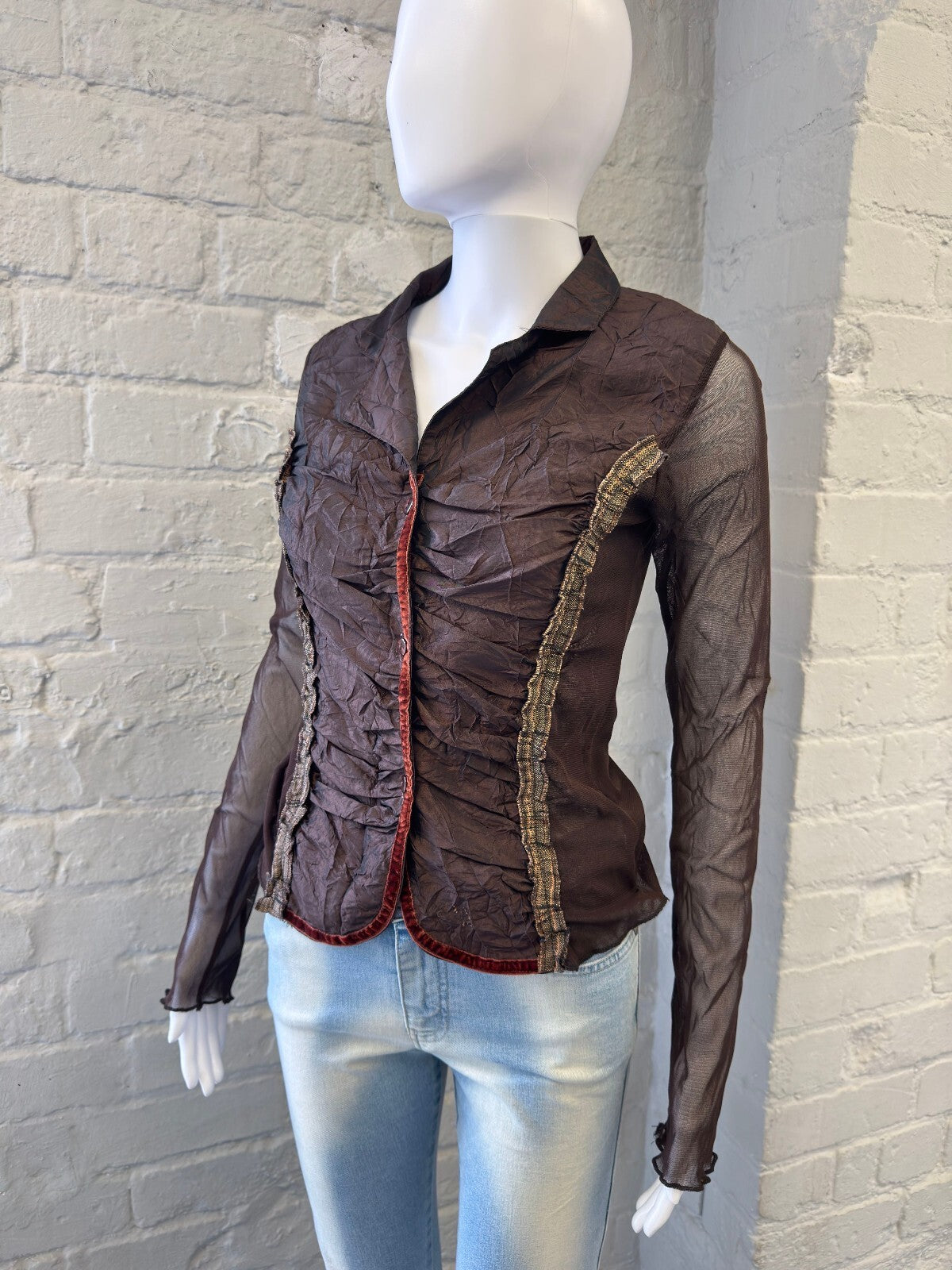 Italian Brown Sheer Long Sleeve Button-Up Top