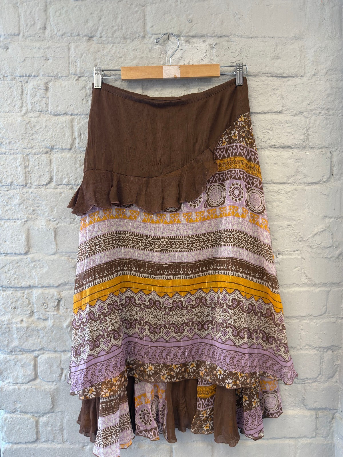 Brown Patterned Boho Ruffle Maxi Skirt