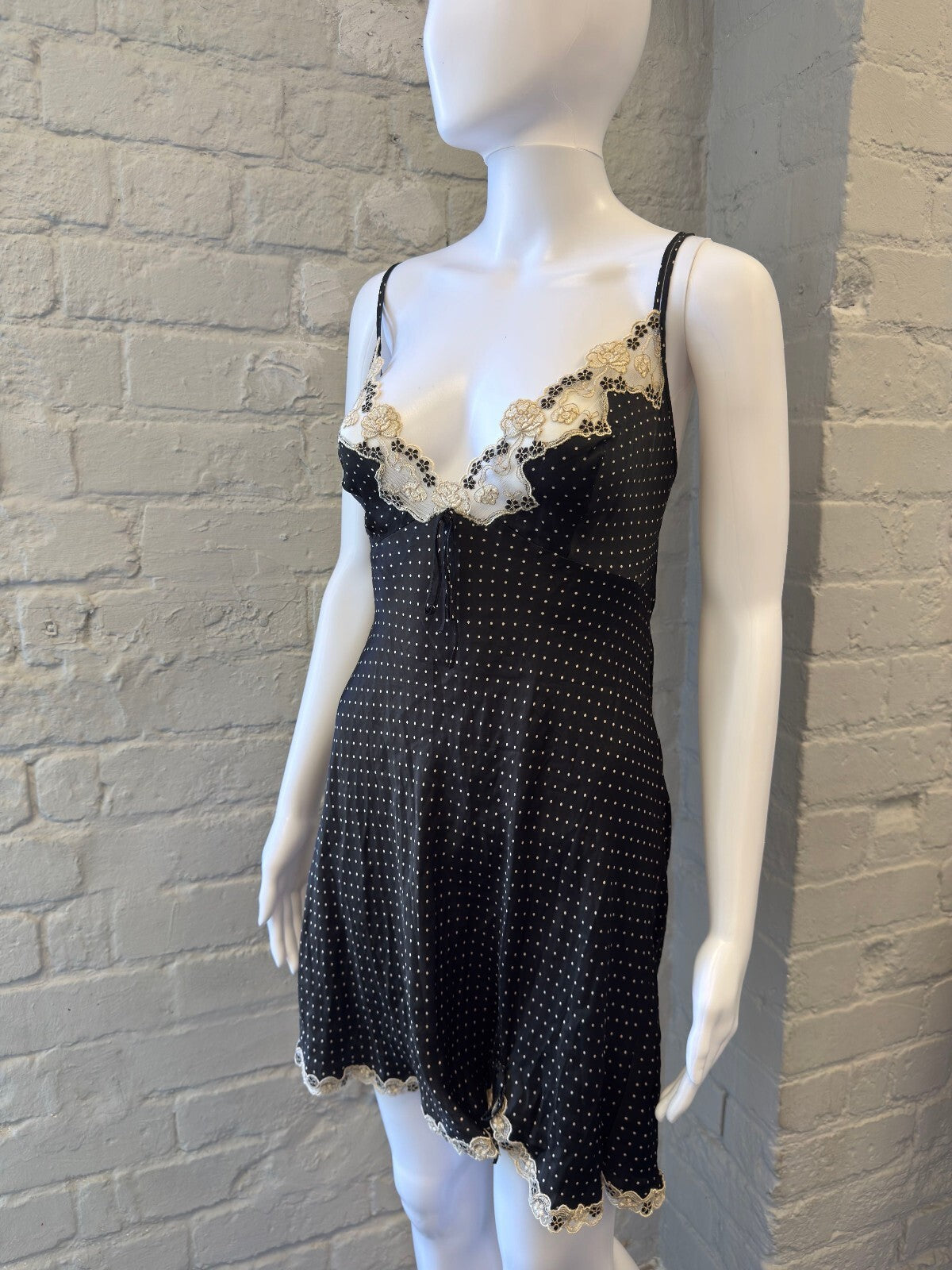 Silk Black Polka Dot Slip Dress with Lace Trim