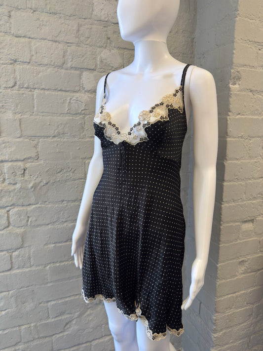 Silk Black Polka Dot Slip Dress with Lace Trim
