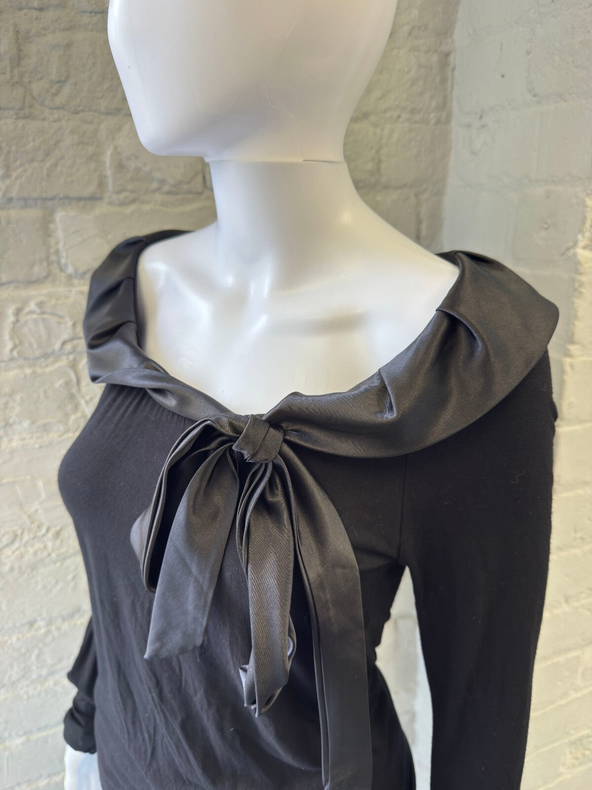 Denny Rose Black Long Sleeve Top with Satin Bow Collar