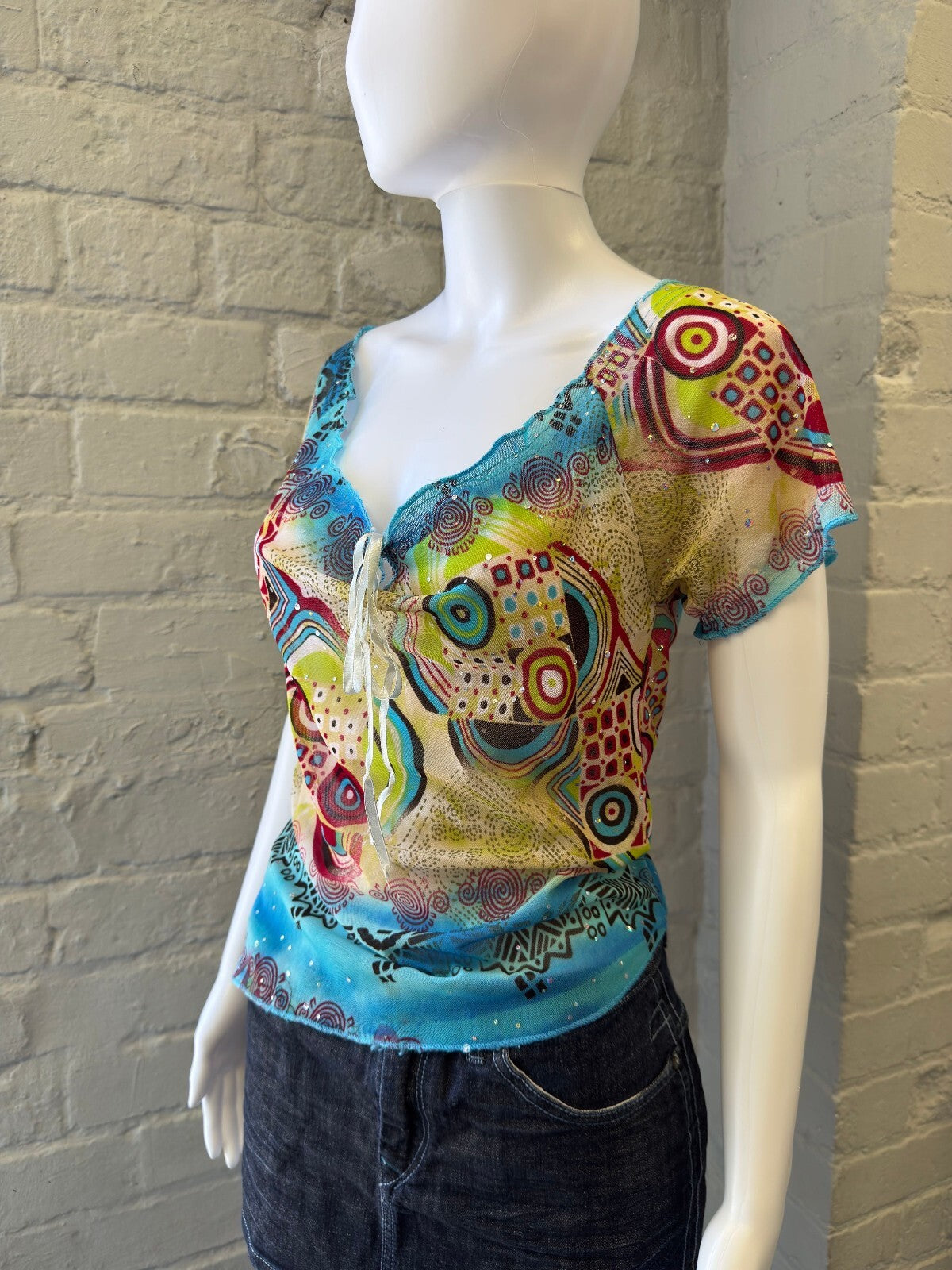 Multicolour Patterned Sheer Mesh Top