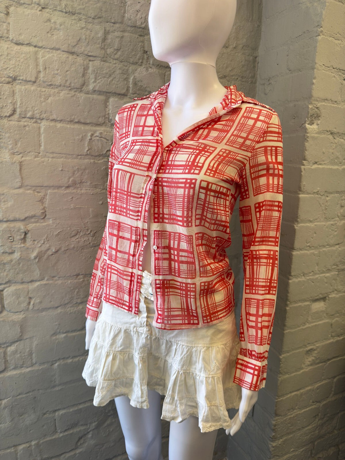 Red and White Checkered Mesh Shirt