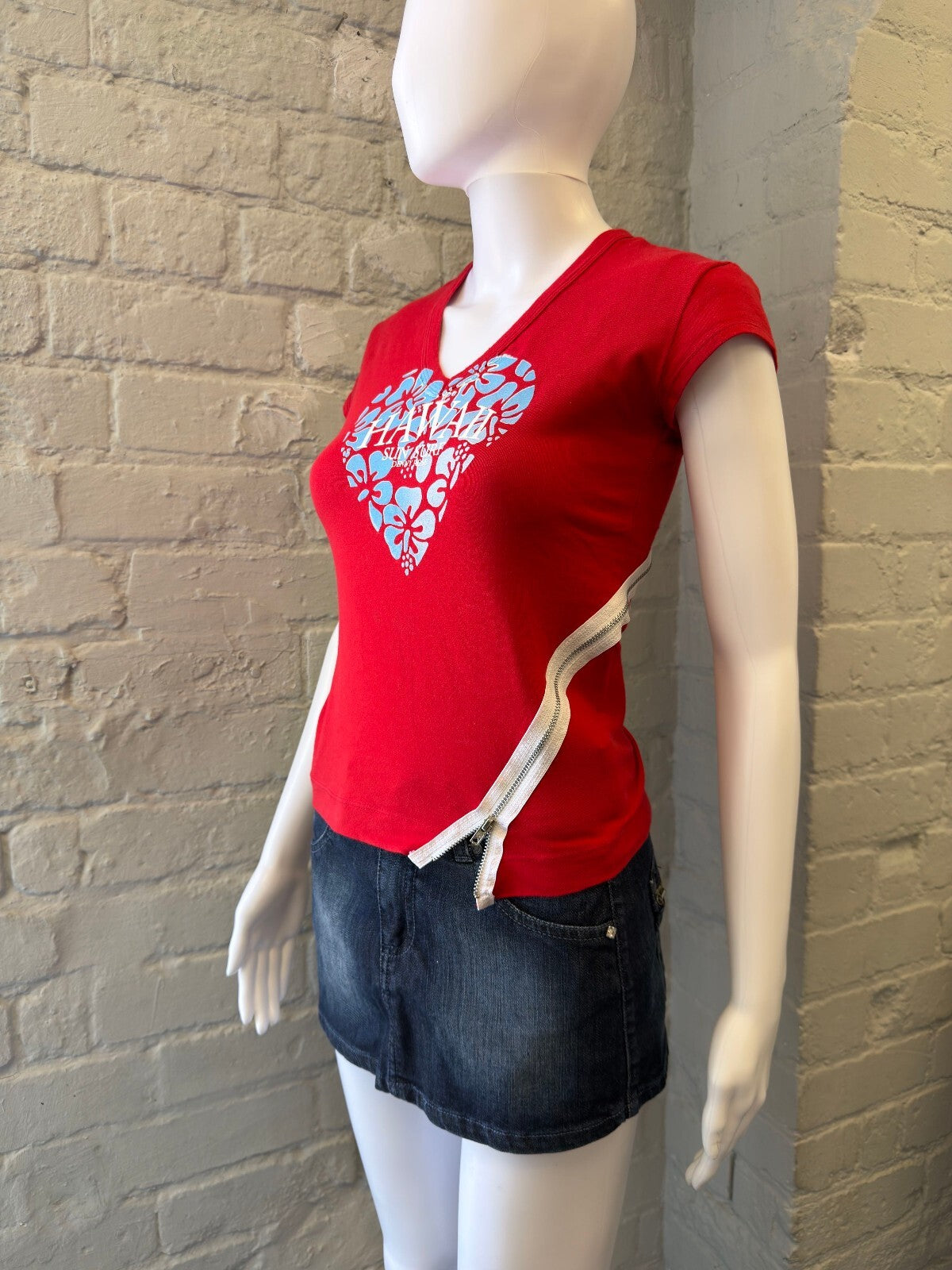 Denny Rose Red Baby Tee with Side Zipper Detail