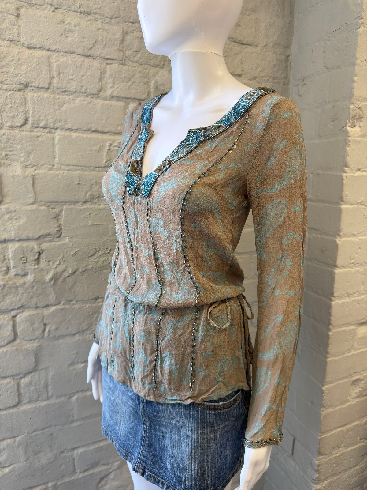 Beaded Mesh Trim Paisley Print Long Sleeve