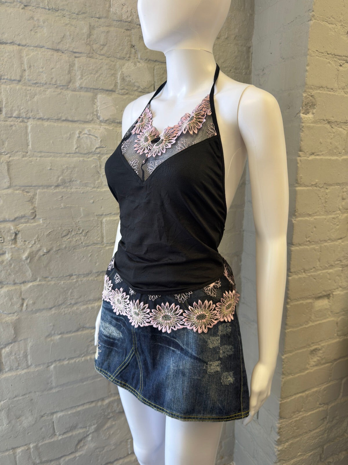 Black Halter Top with Pink Floral Lace Detail and Open Back