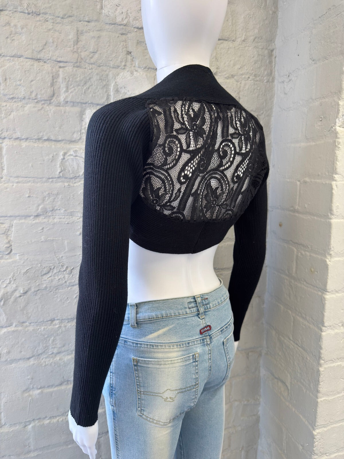 Black Ribbed Knit Bolero with Lace Back Detail