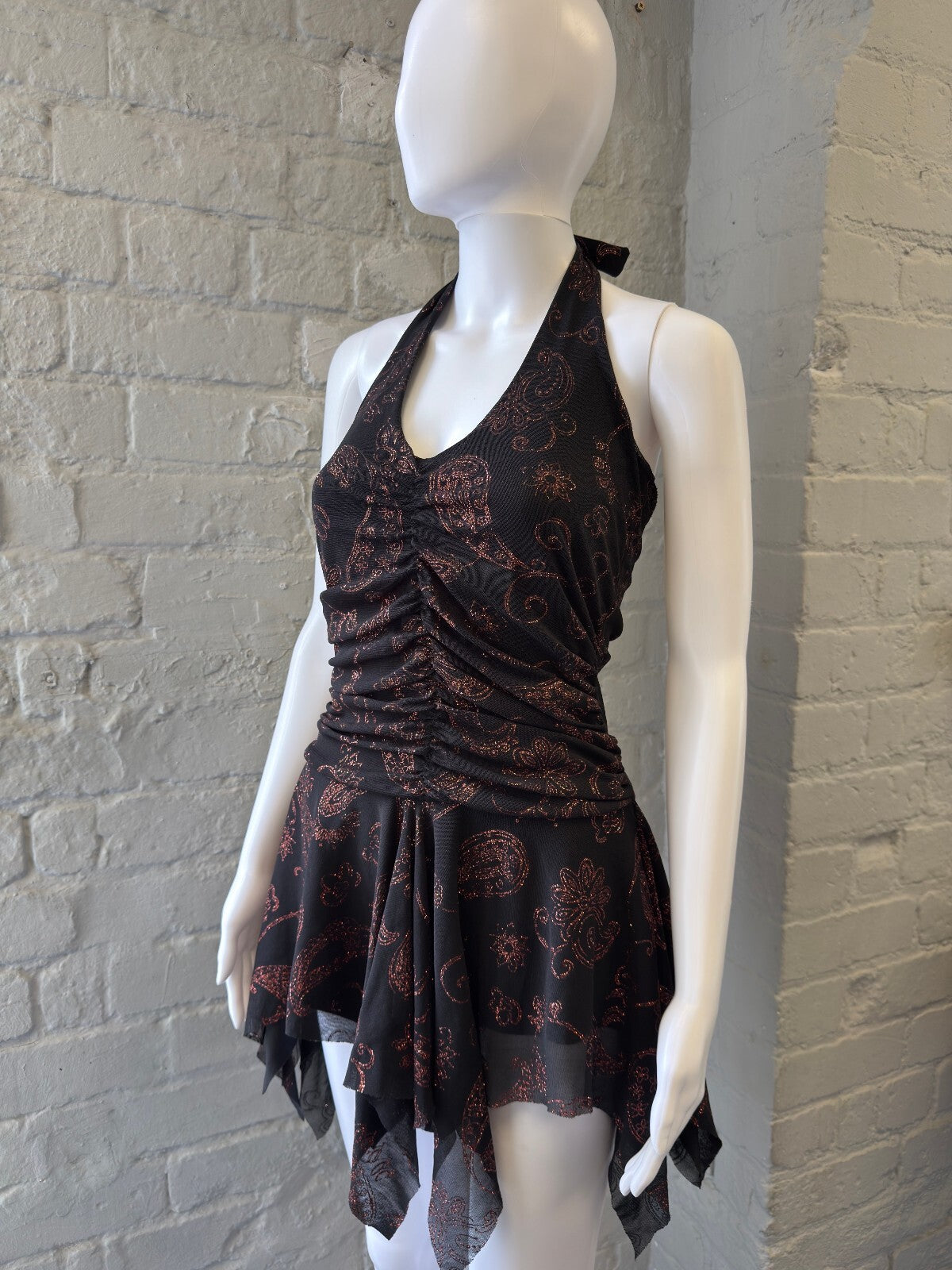 Black and Brown Paisley Halter Dress with Handkerchief Hem