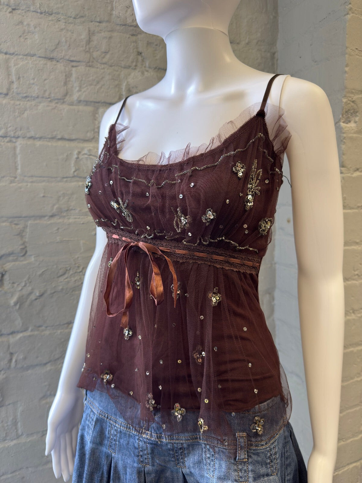 Brown Embellished Spaghetti Strap Top with Ribbon Tie