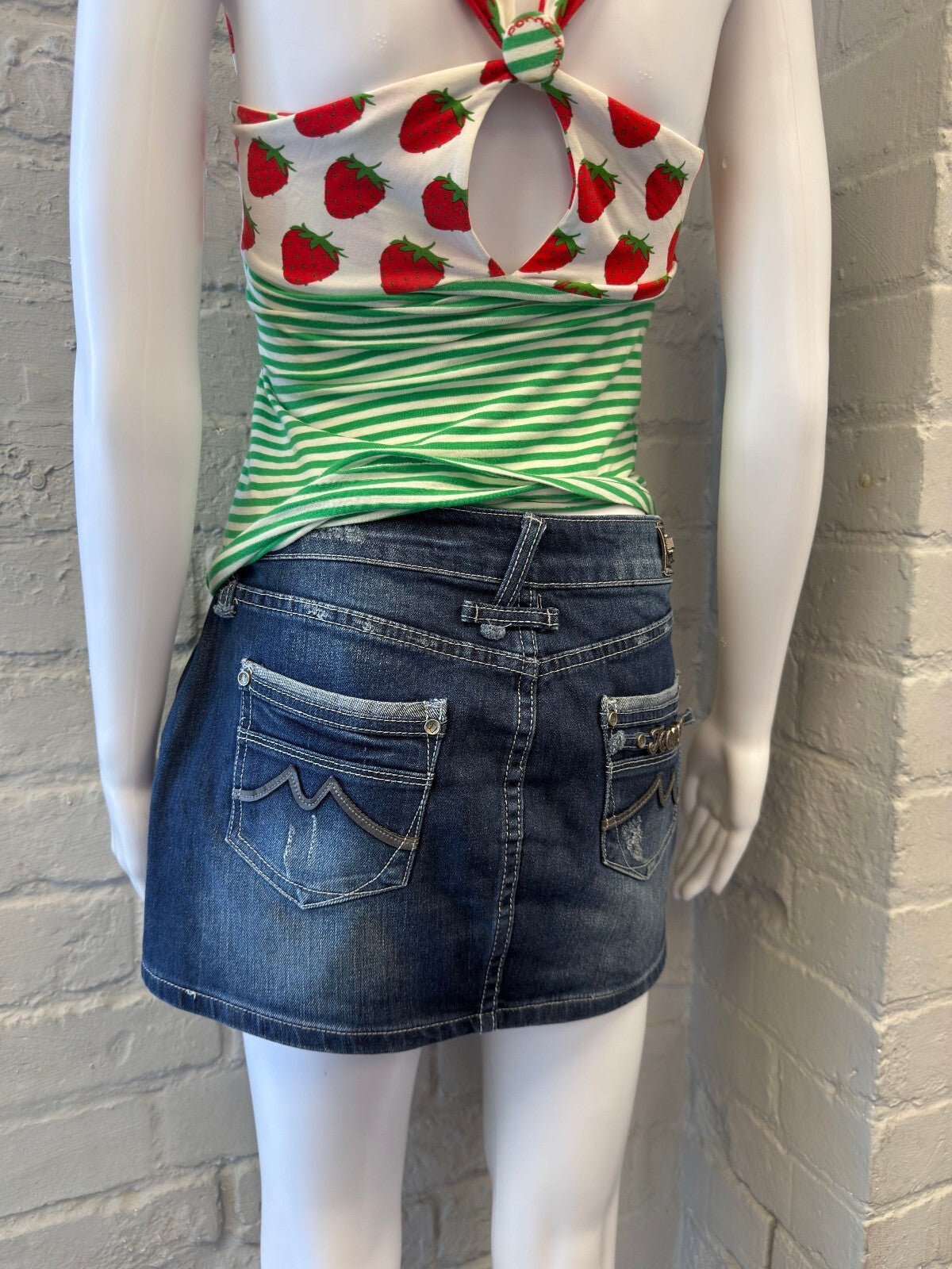 Dark Blue Denim Mini Skirt with Distressed Details