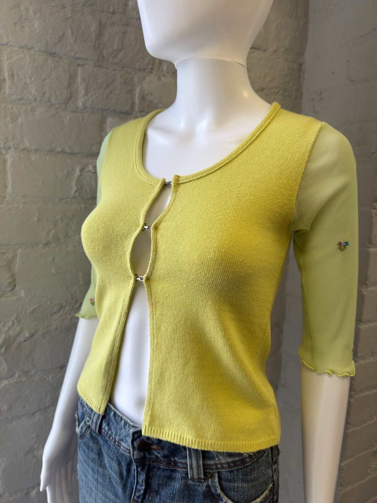 Green Knit Cardigan with Embroidered Sleeves