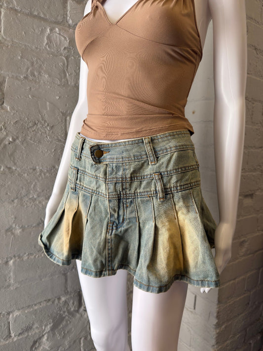 Pleated Denim Mini Skirt with Faded Yellow Accents