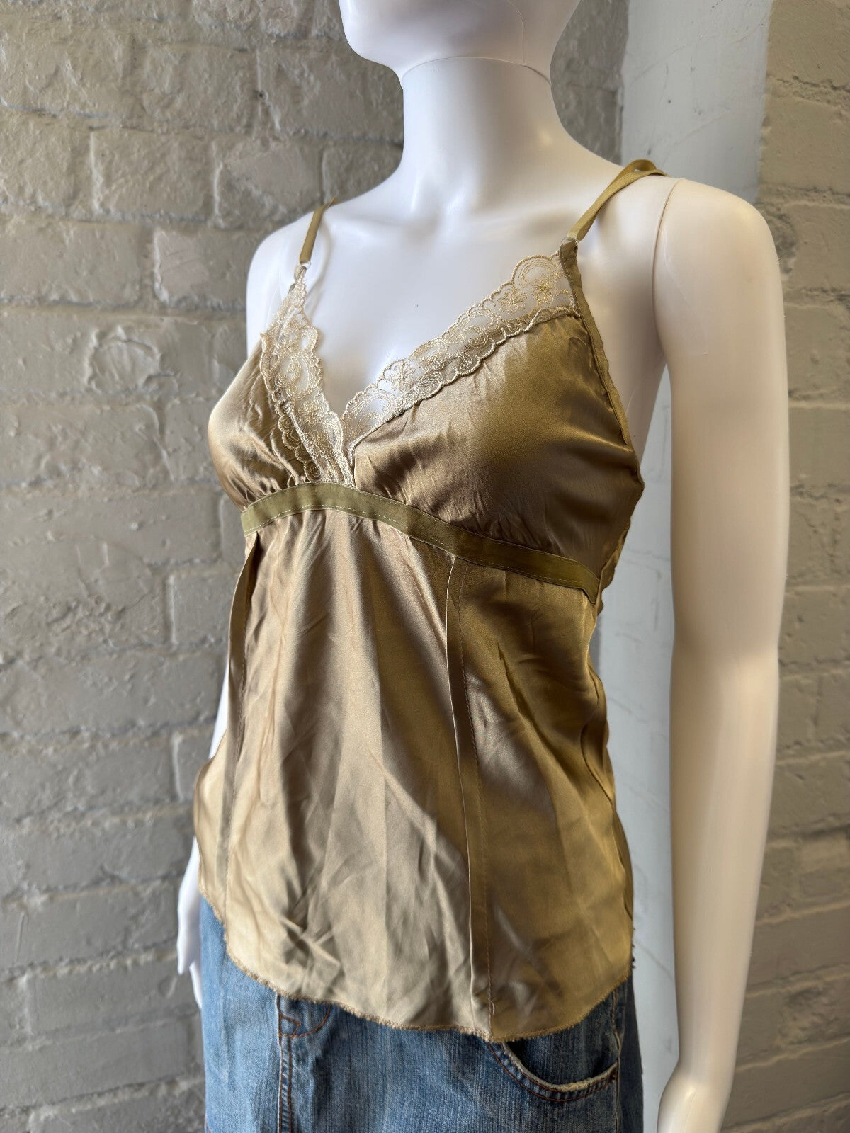 Silky Satin Beige Lace Trim Cami Top