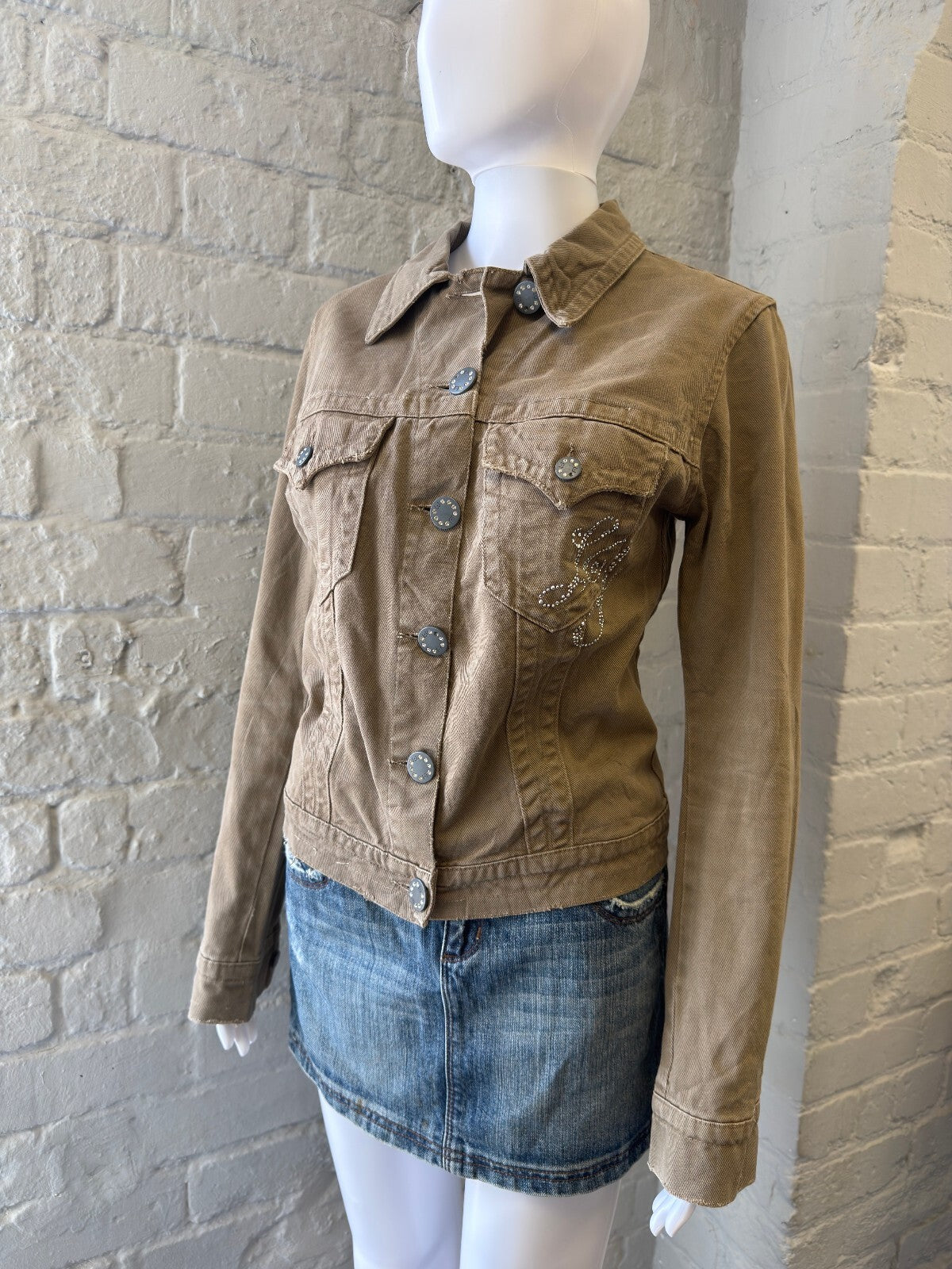 Italian Brown Denim Jacket with Embellished Buttons and Logo Detail