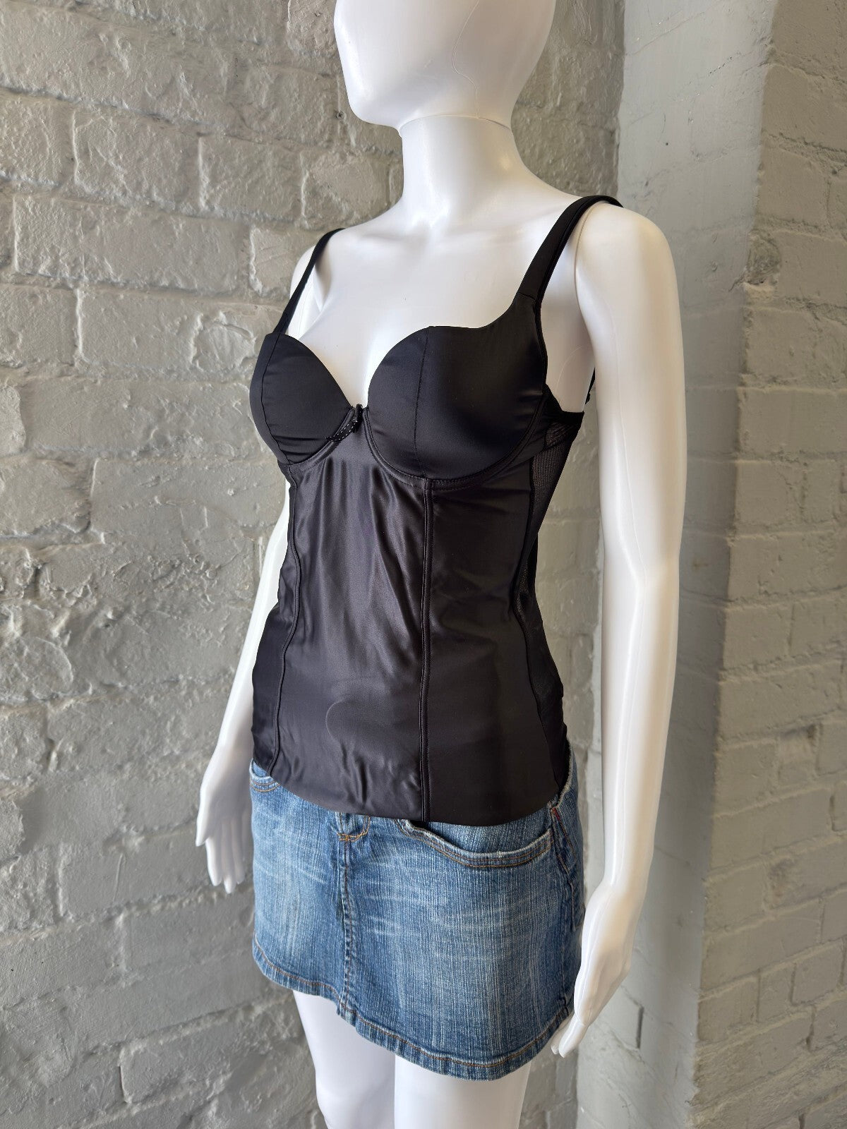 Black Satin and Mesh Corset Top