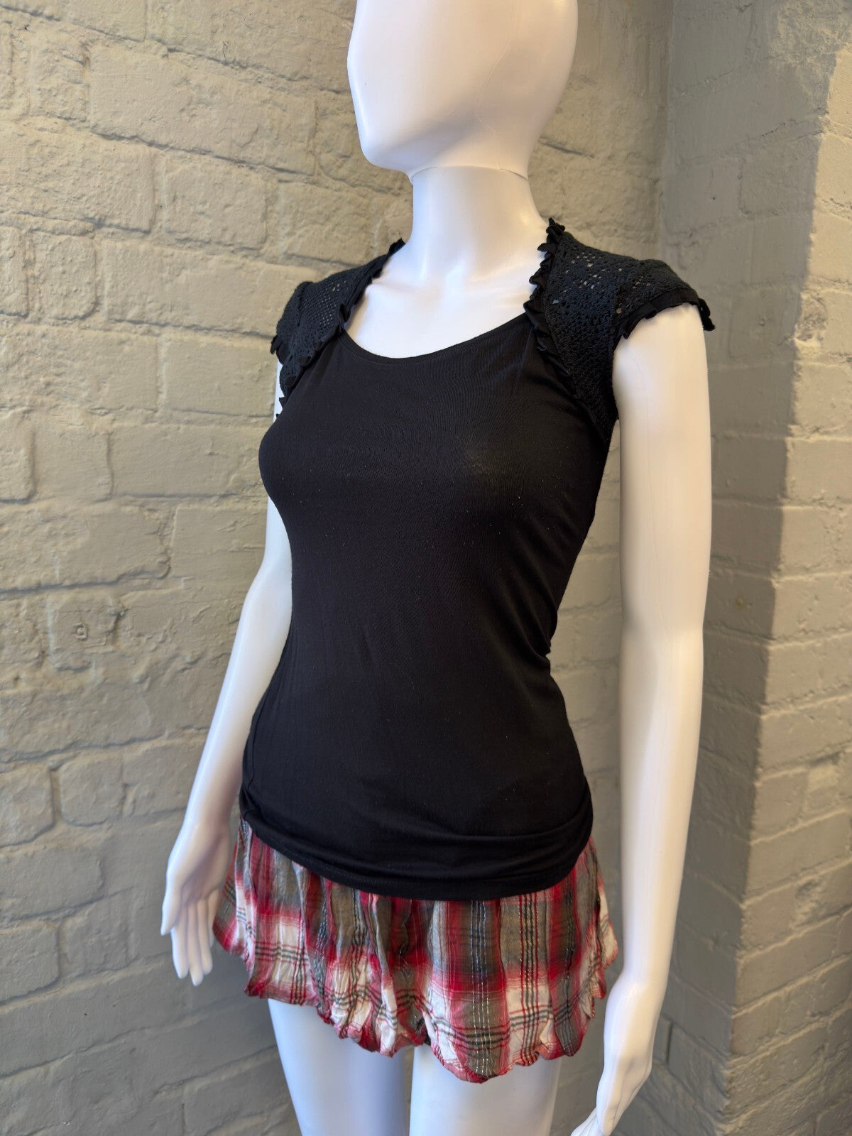 Black Crochet Shoulder Detail Fitted Top