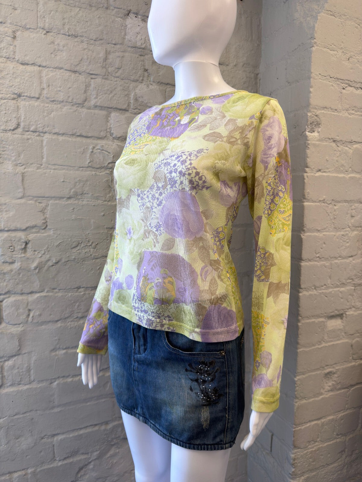 Green and Lilac Floral Print Long Sleeve Top