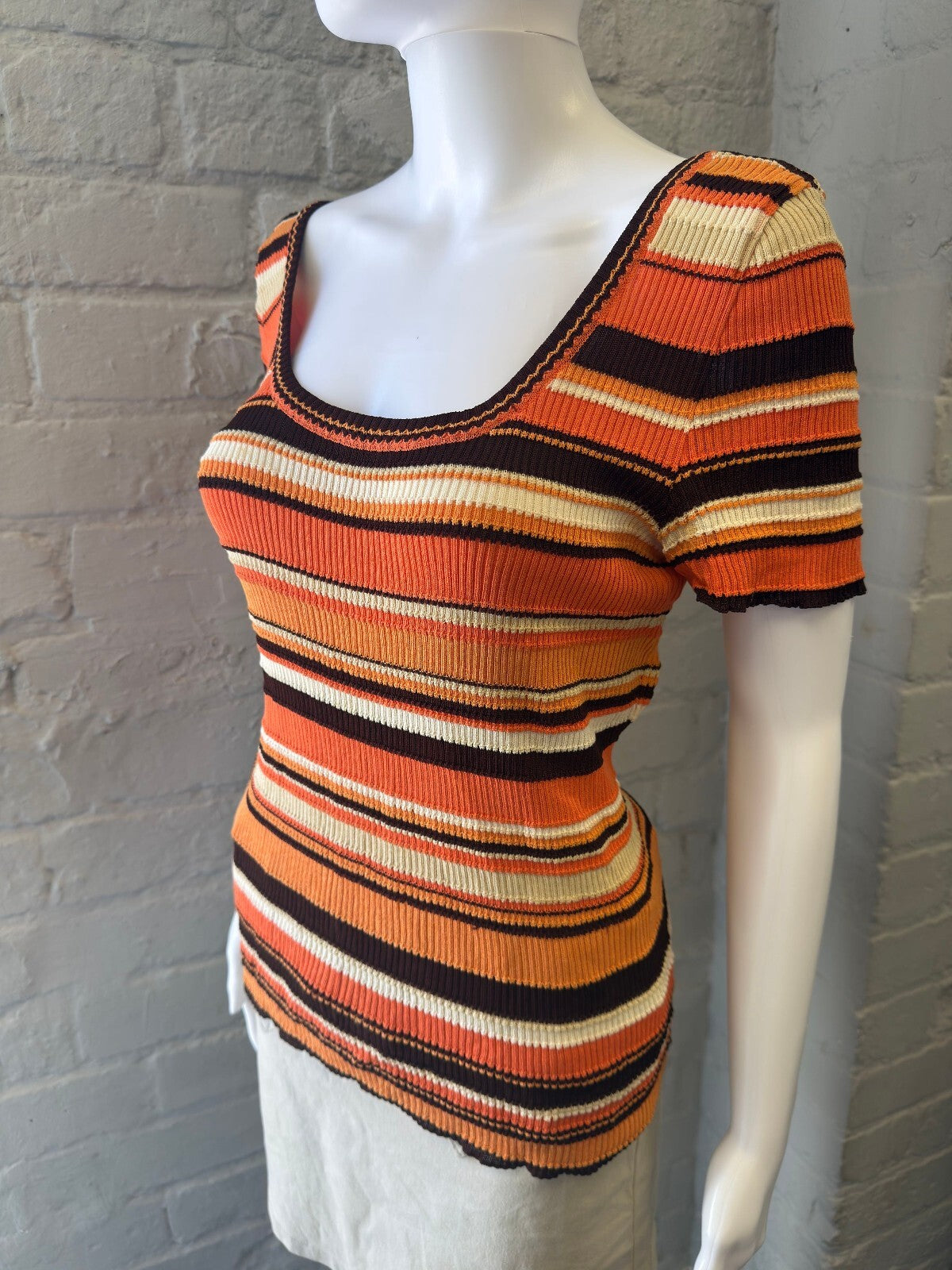 Escada Striped Ribbed Knit Top with Back Bow Detail