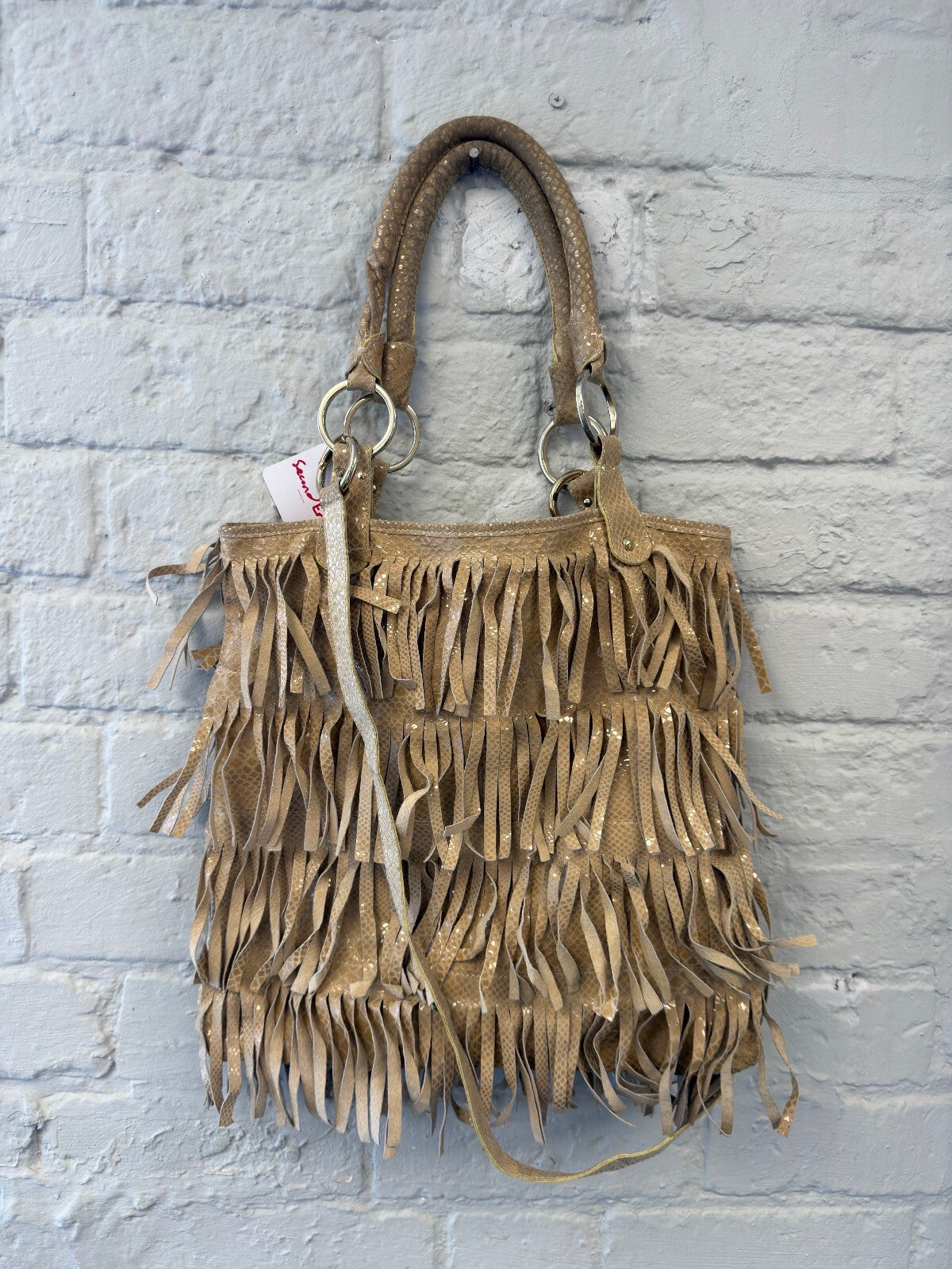 Beige Fringe Shoulder Bag with Snake Texture
