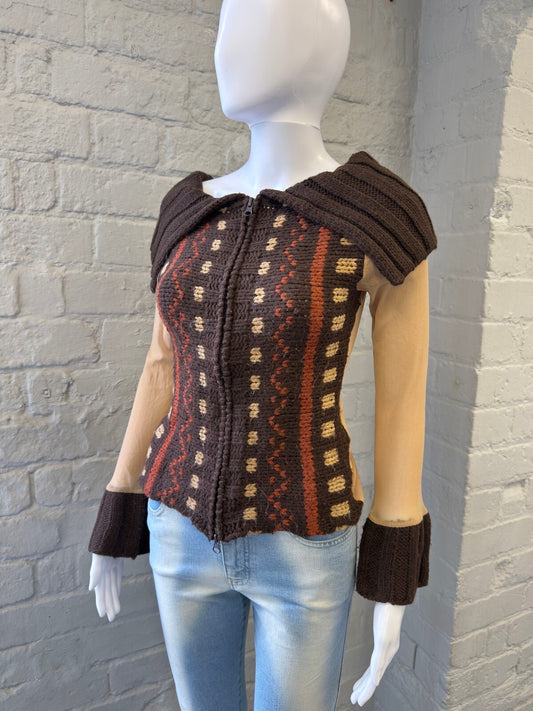 Vintage Italian Brown and Beige Patterned Knit Zip-Up Sweater