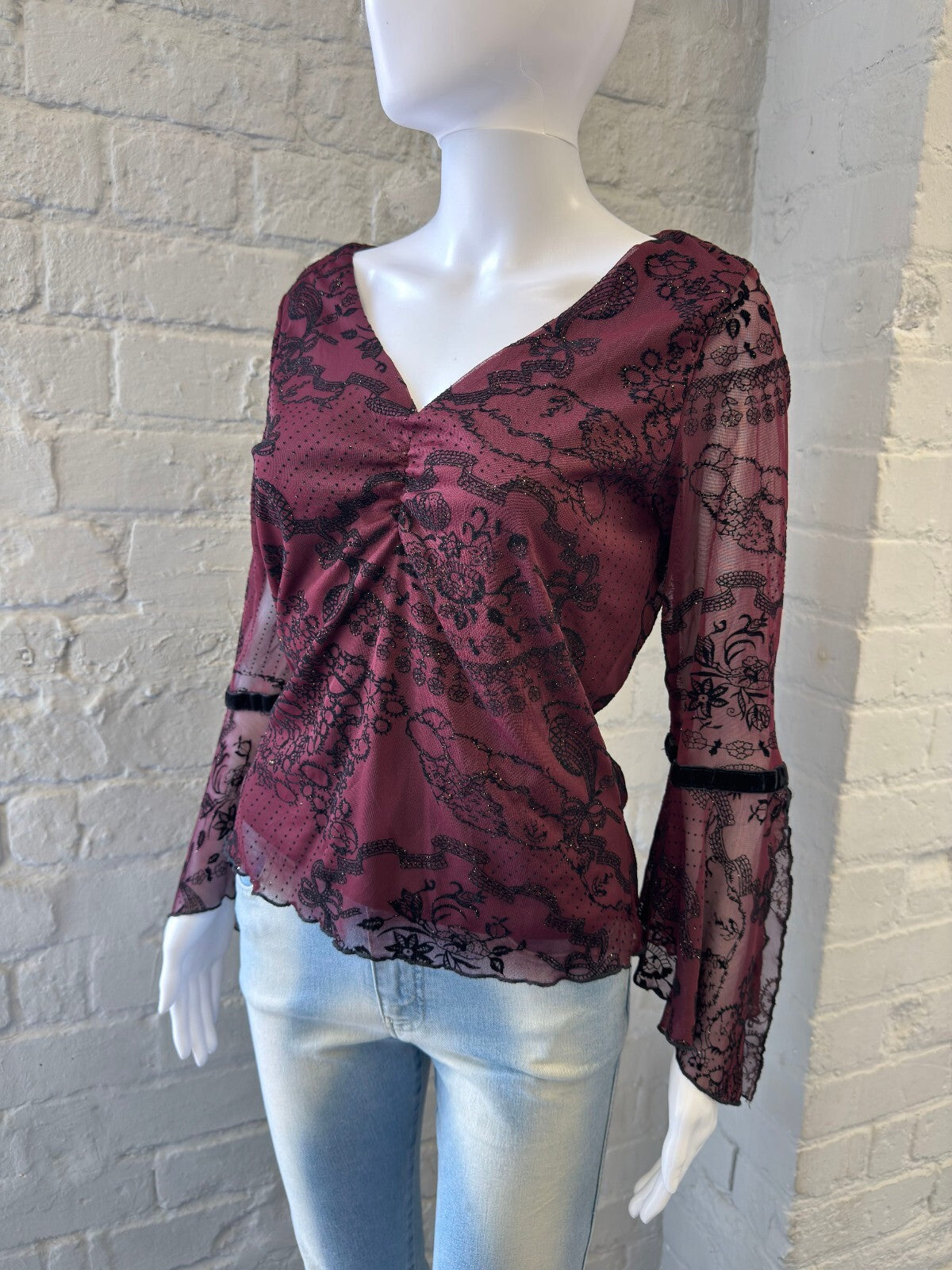 Gothic Burgundy Lace Bell Sleeve Blouse