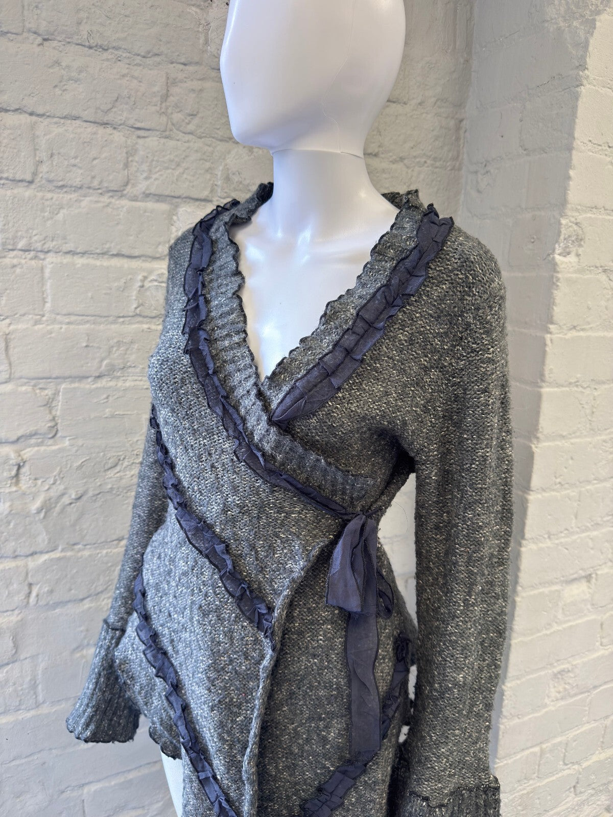 Vintage Grey Knit Wrap Cardigan with Ruffle Trim