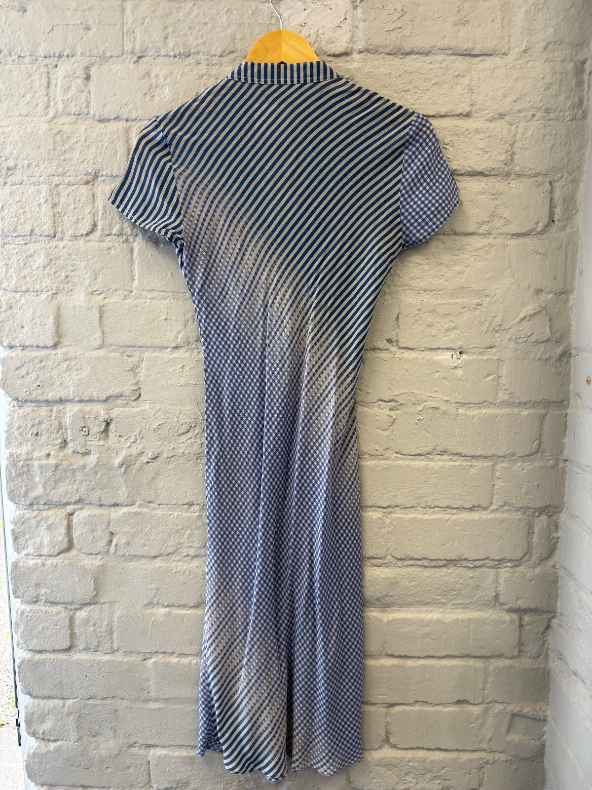 Silk Blue and White Striped V-Neck Midi Dress