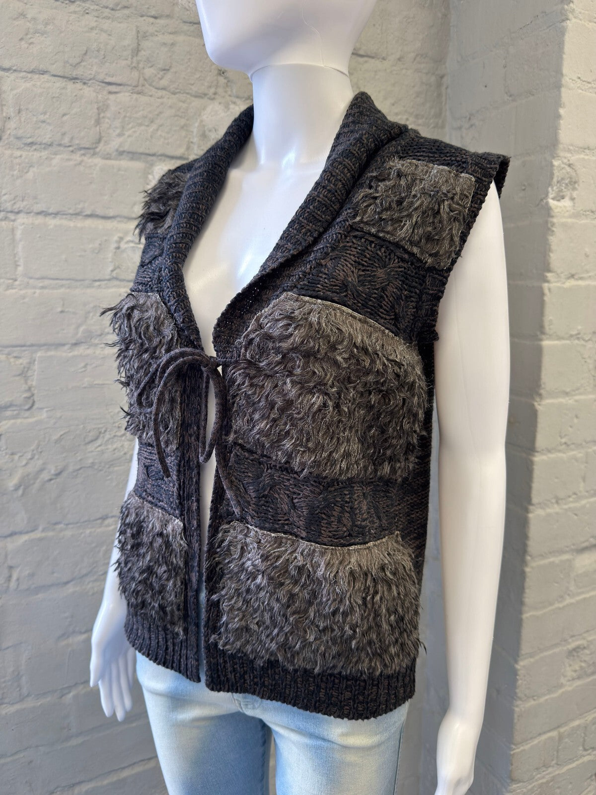 Black and Grey Textured Knit Gilet with Tie Front