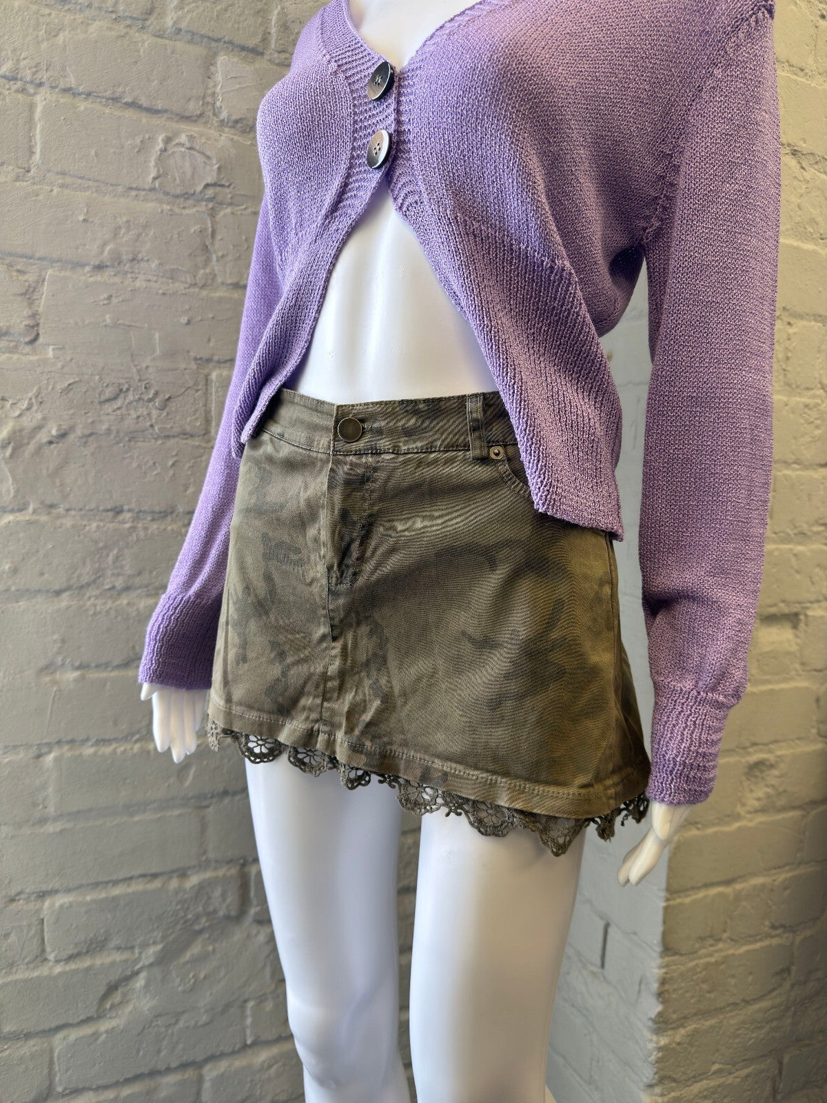 Olive Green Camo Mini Skirt with Lace Trim
