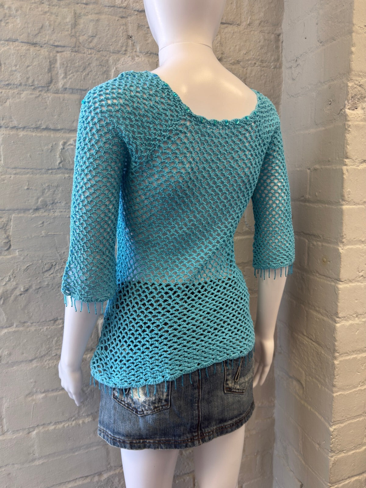 Turquoise Crochet Knit Top with Sequin Details