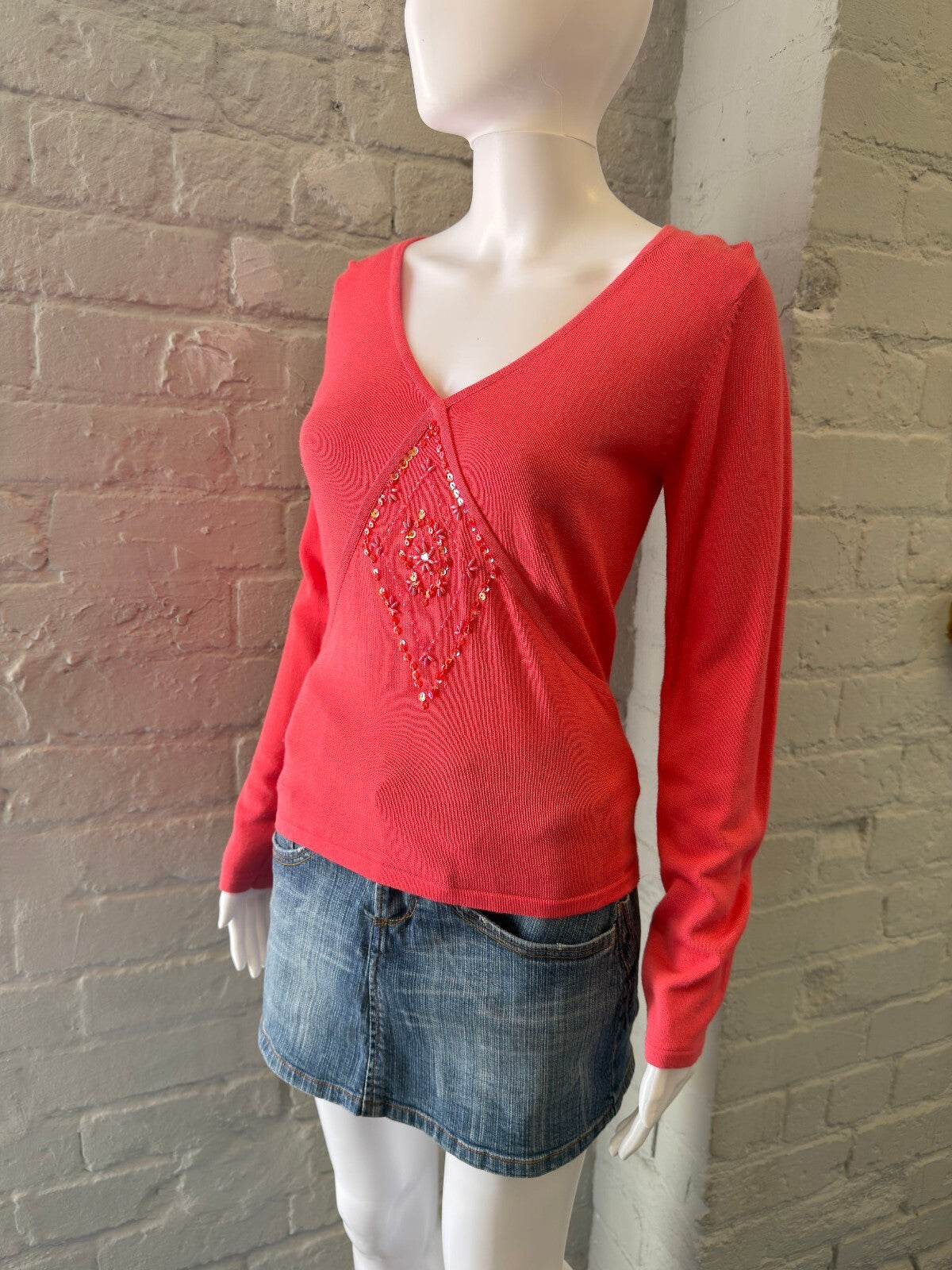 Coral Pink V-Neck Jumper with Beaded Front Detail