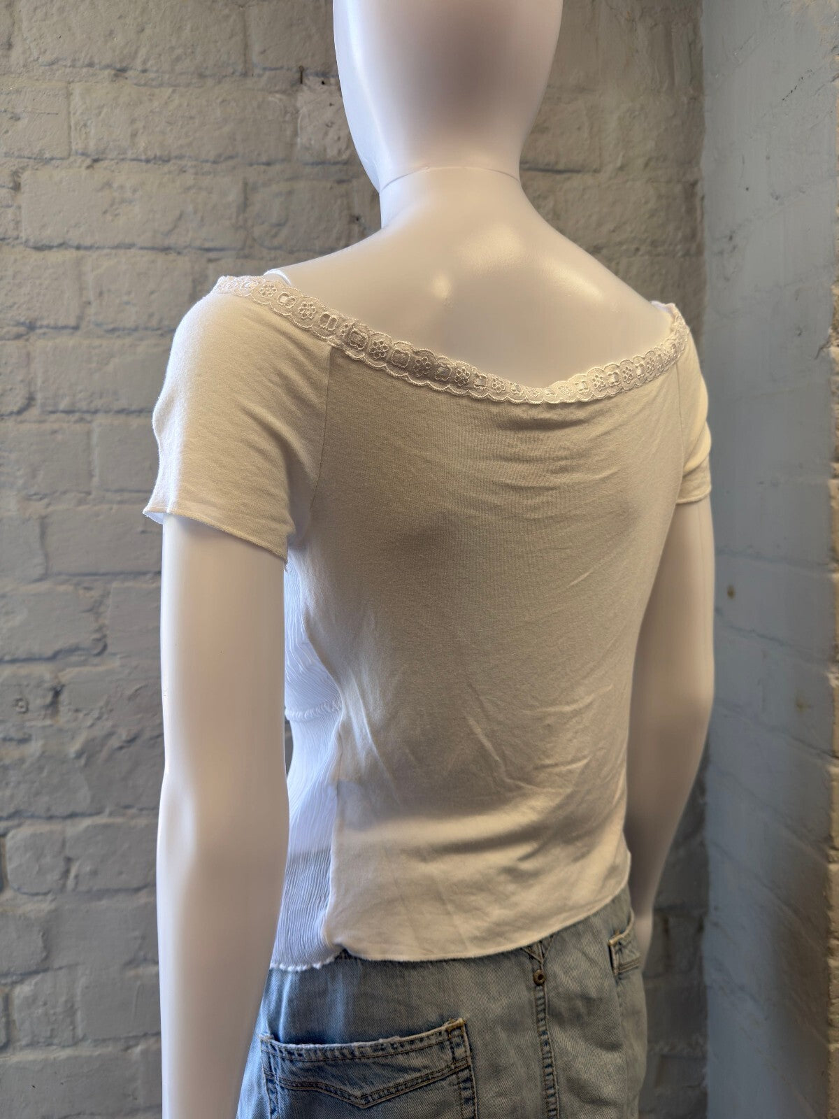 White Short Sleeve Sheer Blouse with Lace Trim and Ribbon Bow