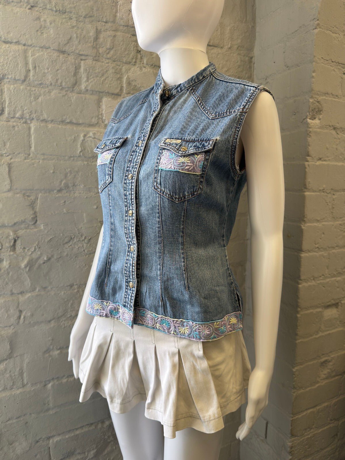 Big Star Sleeveless Denim Vest with Embroidered Trim