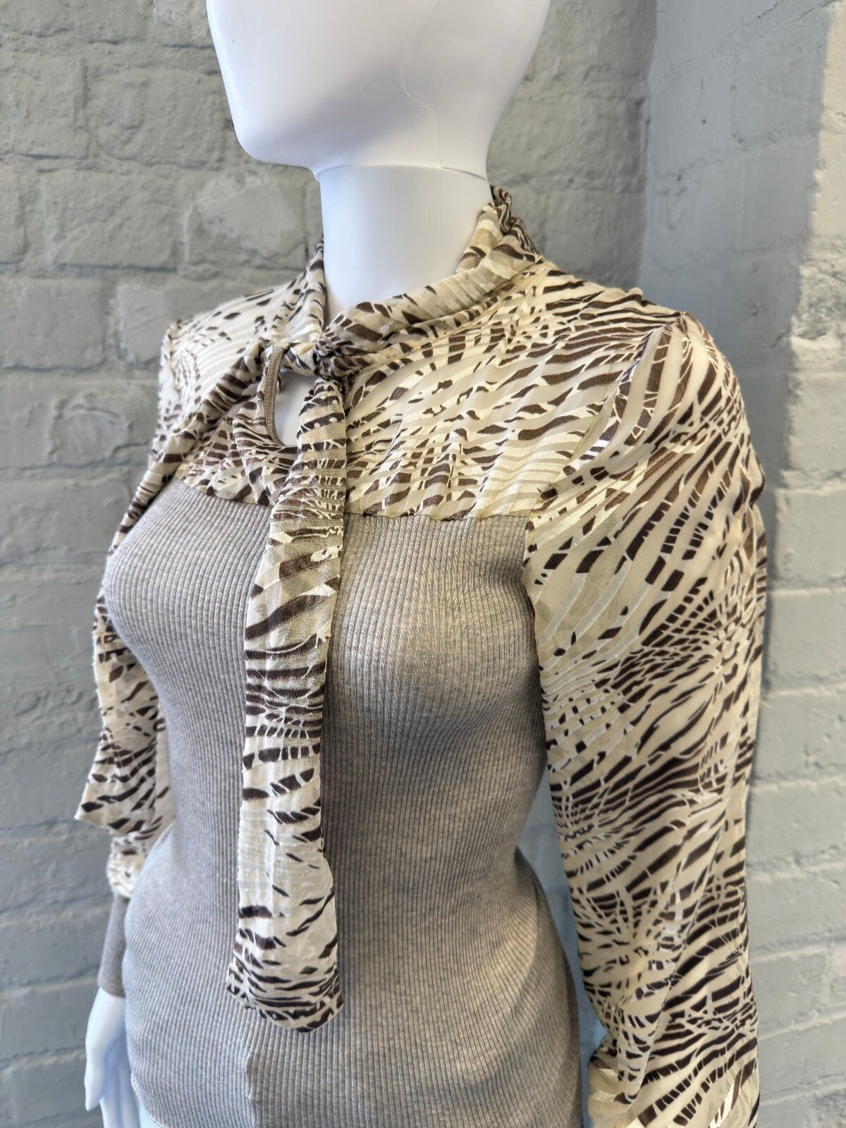 Italian Ribbed Knit Top with Sheer Animal Print Sleeves