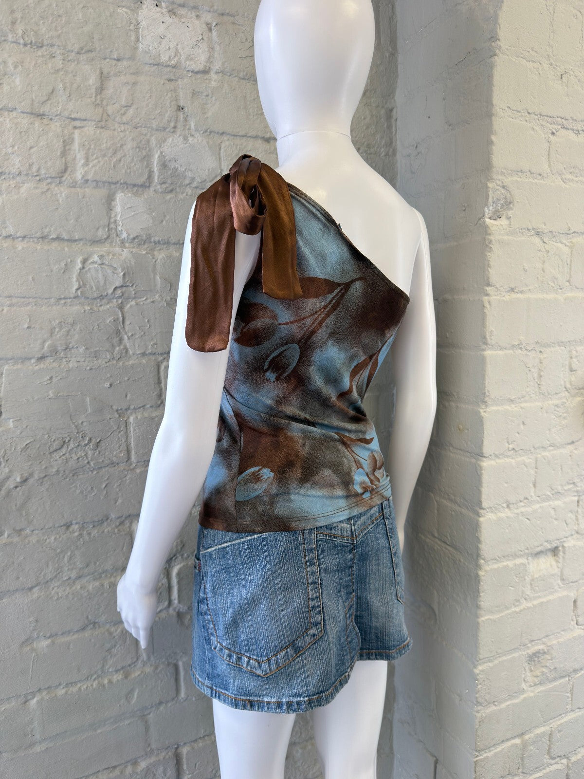 One-Shoulder Blue and Brown Floral Print Top