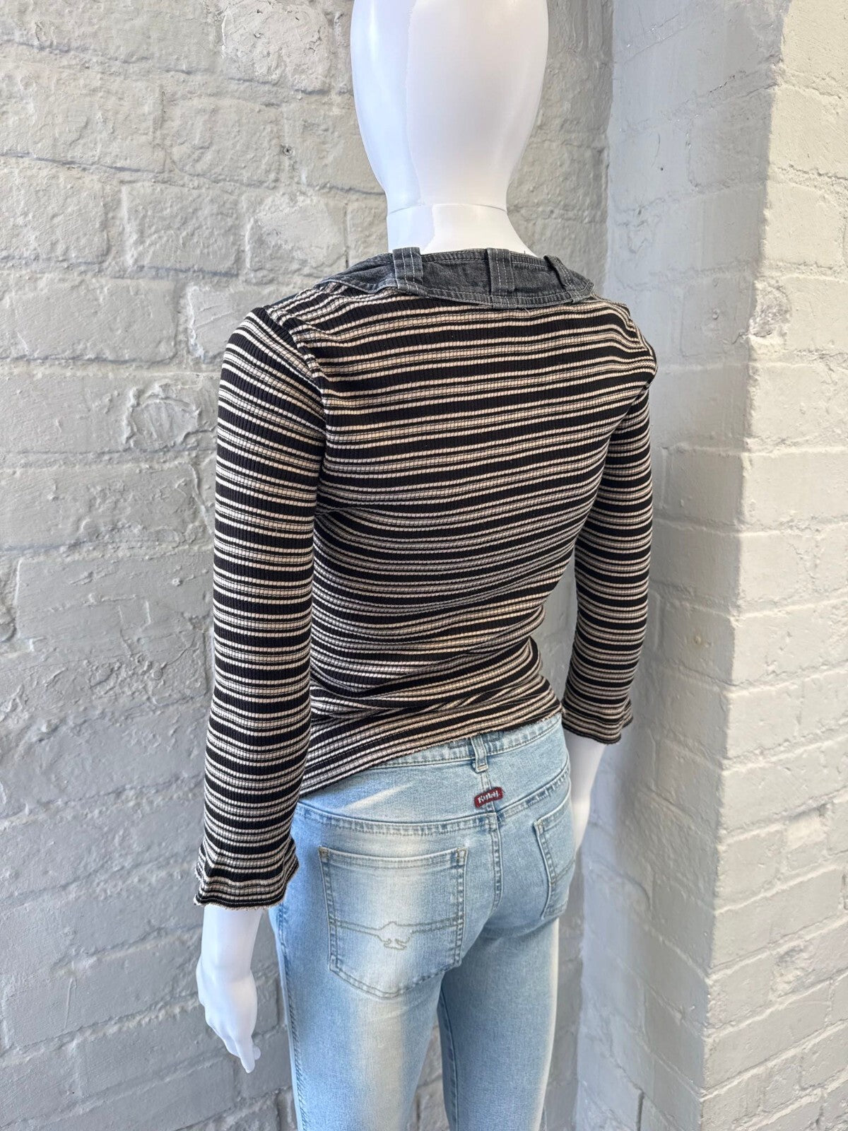 Vintage Striped Sleeve V-Neck Top with Embroidered Front