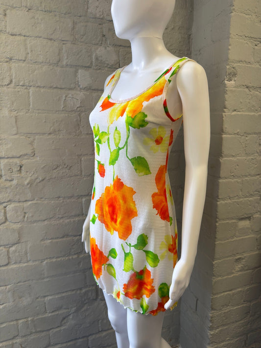 Floral Mesh Summer Dress with Orange and Green Print