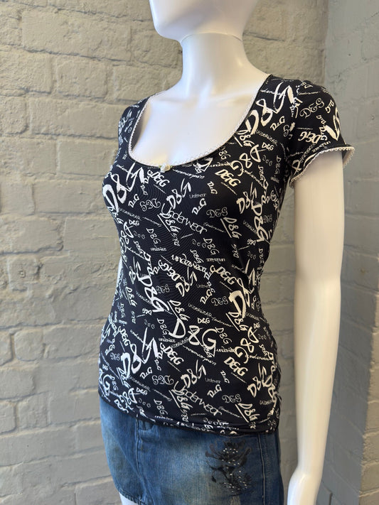 D&G Navy and White Logo Print Baby Tee