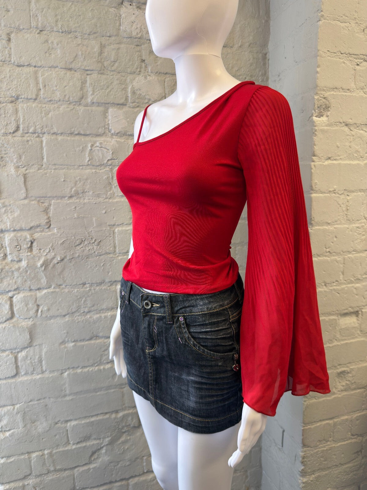 Red One-Shoulder Top with Sheer Long Sleeve