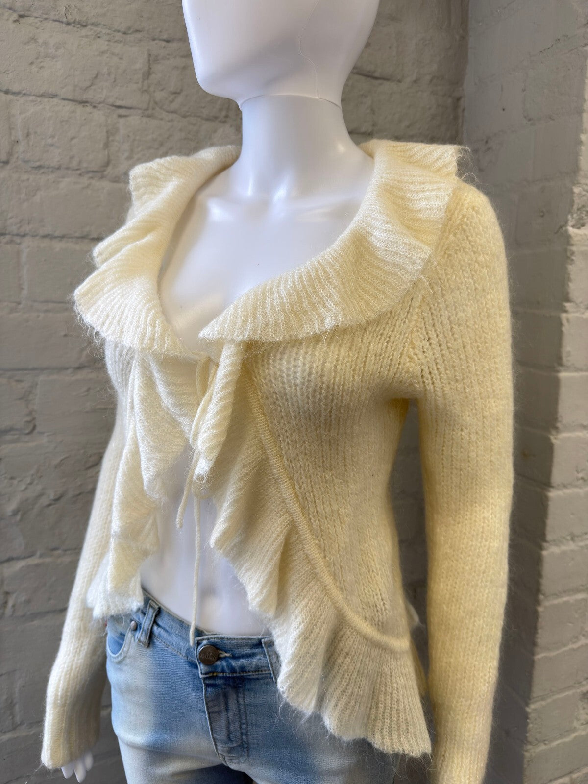 Mohair Blend Cream Ruffle Knit Cardigan