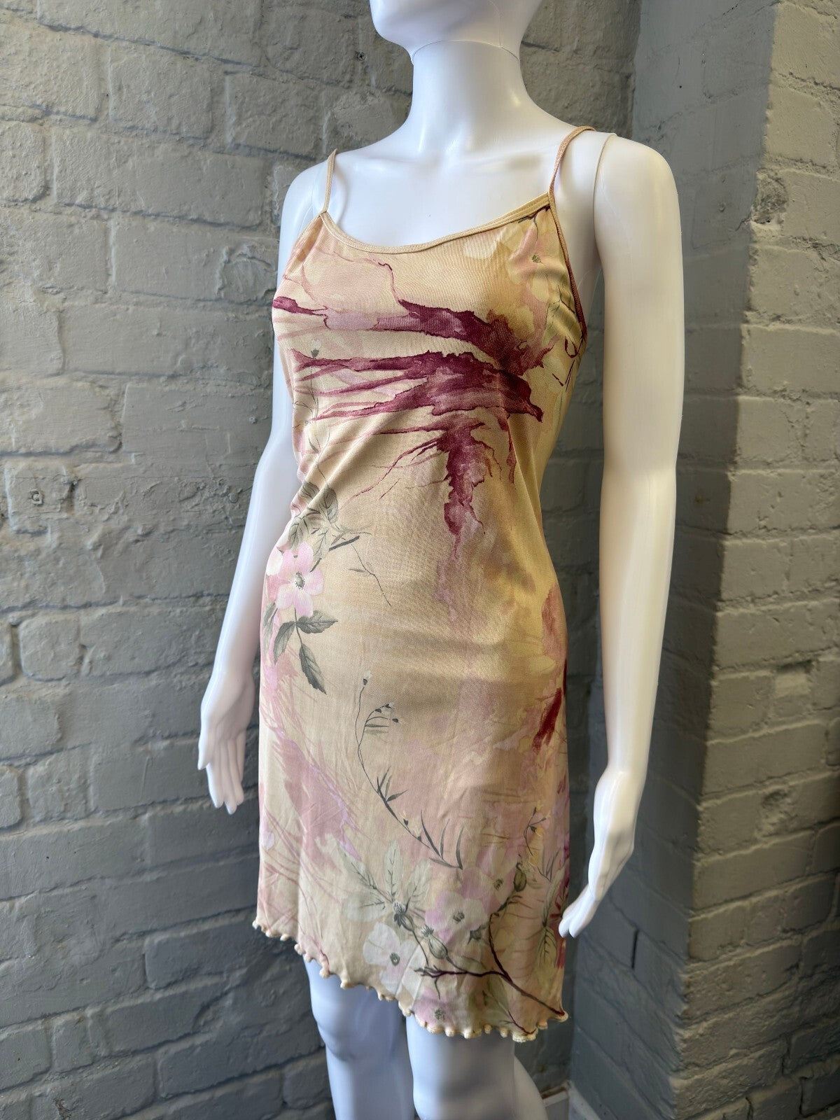 Floral Beige and Burgundy Slip Dress with Spaghetti Straps