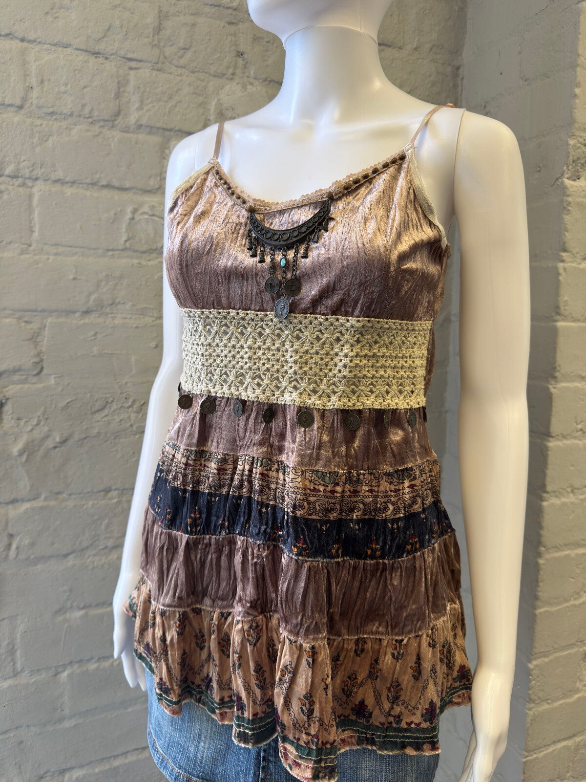 Bohemian Velvet and Crochet Spaghetti Strap Top