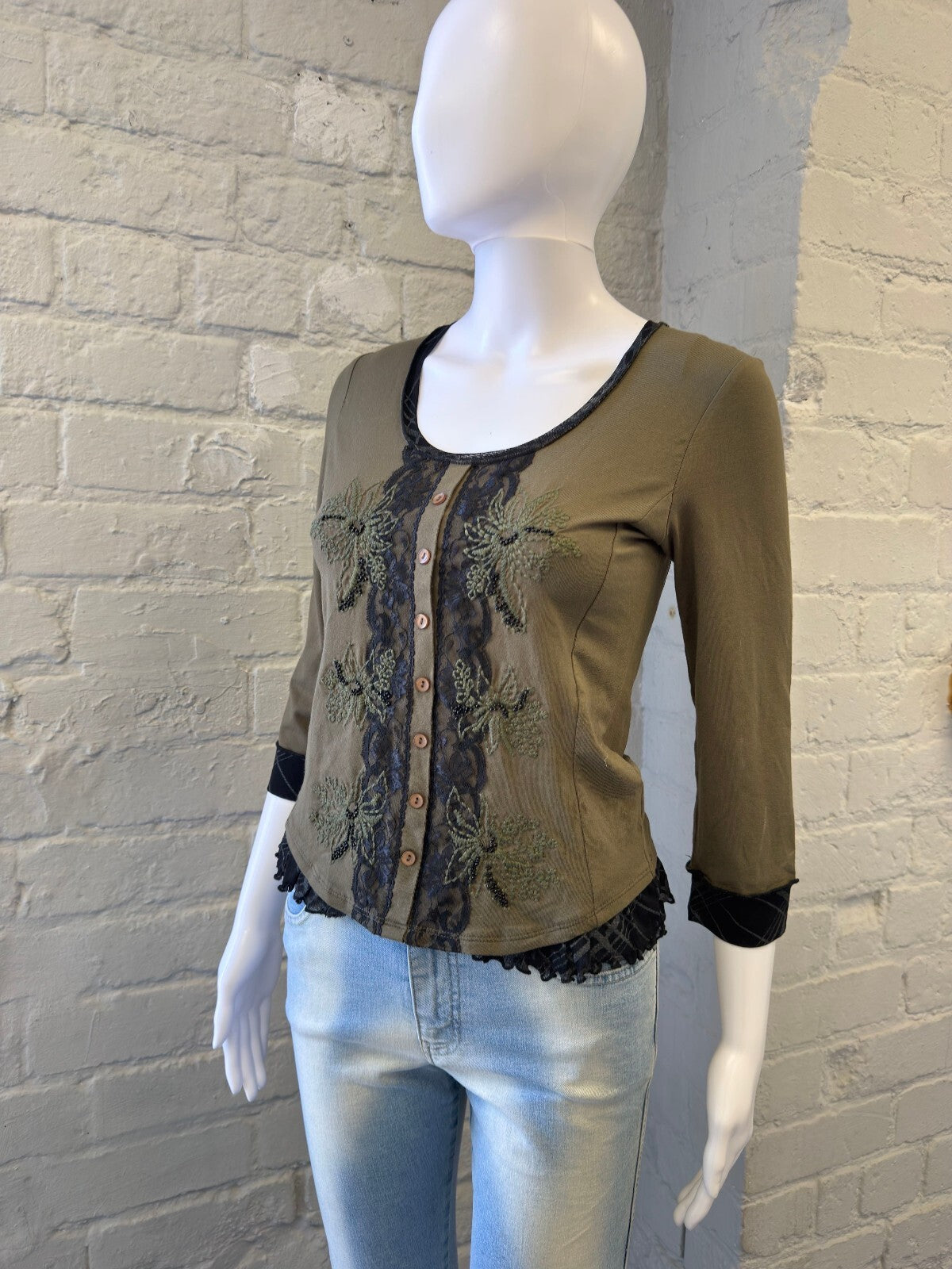 Olive Green 3/4 Sleeve Embroidered Top with Lace Details