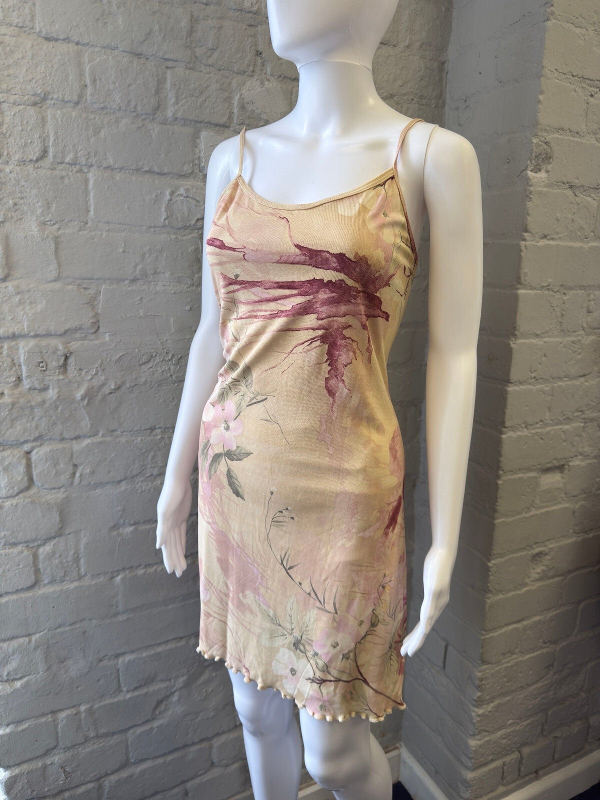 Floral Beige and Burgundy Slip Dress with Spaghetti Straps