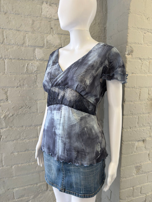 Short Sleeve Mesh Tie Dye Top with Sequin Detail