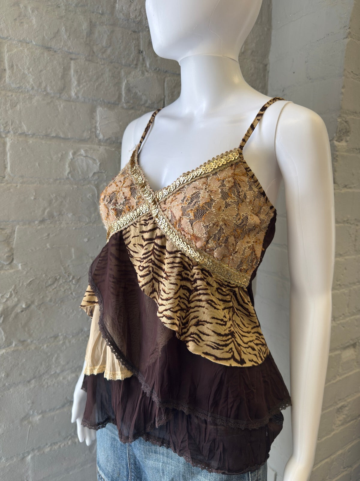 2000s Brown Layered Lace and Animal Print Cami